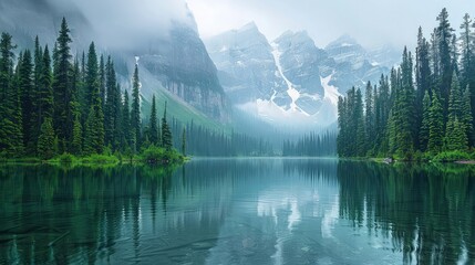Tranquil Lake Reflecting Majestic Mountains and Pine Forest
