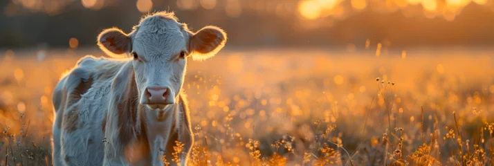 Foto op Plexiglas  Light-Colored Cow in Paddock with Lens Light Flare , a cow that is running through the grass © David