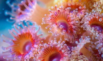 Naklejka na ściany i meble Colorful coral polyp in a macro photograph, showcasing the delicate structures and vibrant hues that make up these essential habitats for marine life