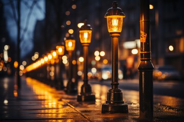 Electric lanterns on sidewalk in night city illuminating street with warm light