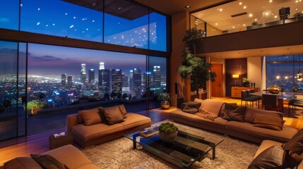 Luxury apartment with views of downtown Los Angeles at night in high resolution and high quality. concept housing, apartment, city