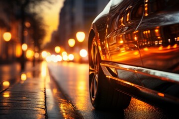Modern car close up side view with beautiful urban cityscape background - transportation concept - Powered by Adobe