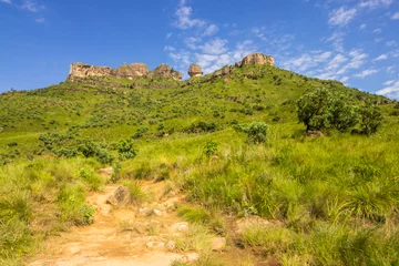 Foto op Canvas Trail through the Grasslands of the Drakensberg mountains with bizarrely weathered sandstone formations and cliffs on the horizon. © Marieke