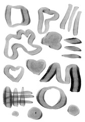Bold black grey pencil alcohol inks doodle watercolour hand drawn illustration shapes abstract high quality line contour strokes stamp curve white isolated