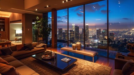 Fototapeta na wymiar Luxury apartment with views of downtown Los Angeles at night in high resolution and high quality. housing concept