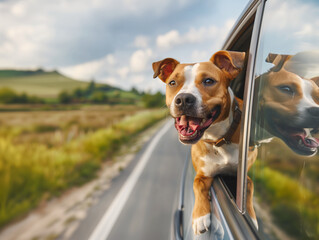 A happy dog hanging out of the window on an open road, enjoying his ride in summer. Generative AI