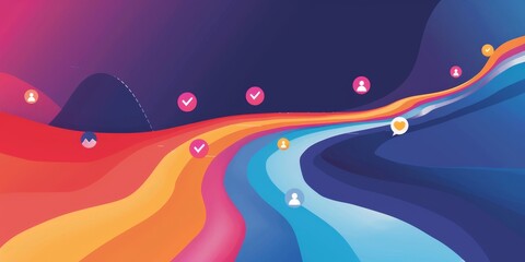 A colorful, abstract painting with a rainbow and a heart