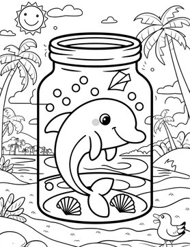 summer coloring page for children - an animal in a jar against the background of the sea and palm trees