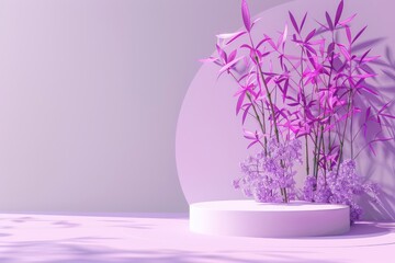 abstract floral stand with lavender petals and bamboo plant 3d rendered