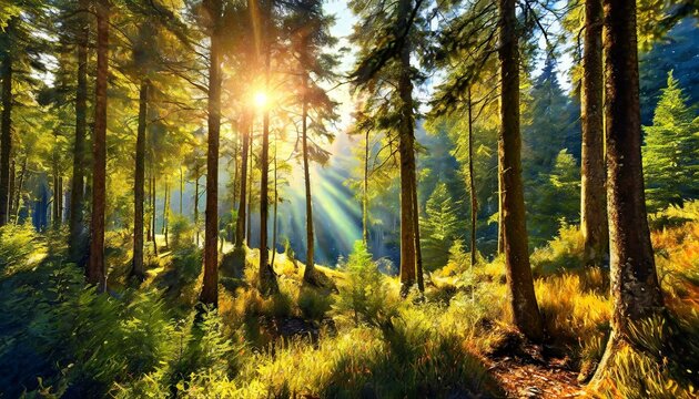 A picture taken from a forest with the sun shining through the trees, beautiful forest,