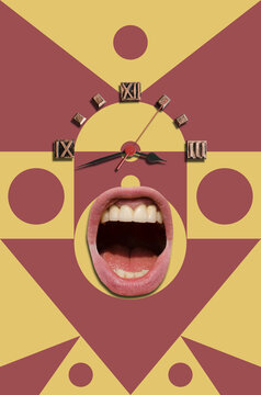 Contemporary collage with open mouth and clock face