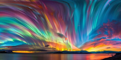 A colorful aurora with a bright orange and blue sky - obrazy, fototapety, plakaty