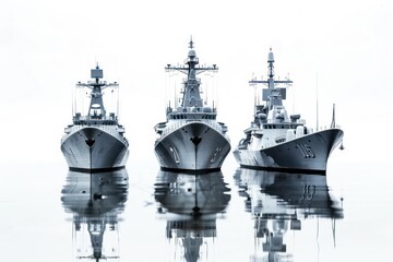 three ships sitting in a bay in white
