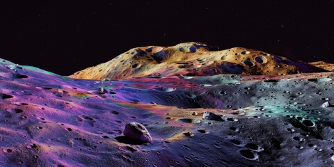 A colorful landscape of a planet with a mountain in the background