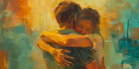 A painting of a man and woman embracing each other
