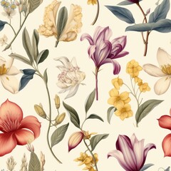 vintage botanical art illustration with spring flowers and plants