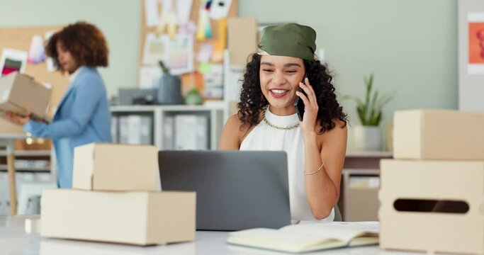 Woman, phone call and boxes with talking in shipping workshop on laptop for supply chain with order. Girl, person and employee at startup business with smartphone, computer and contact with smile