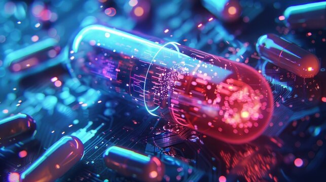 Artificial Intelligence Ai In Future Healthcare. Neon Pill Capsule Composed Of Digital Elements On Soft, Clinical Background. Fusion Of Pharmacology And Ai, Drug Discovery And Personalized Medication
