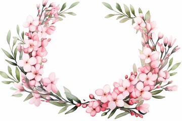 pink waxflower floral wreath watercolor illustration isolated on white copy space center. Photoshoot service gift voucher, flyer, wedding invitation template. 