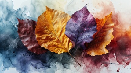 A painting of four leaves with different colors, including yellow, orange