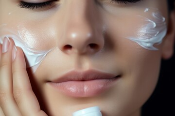 woman applying face cream on face closeup. Skincare cosmetics