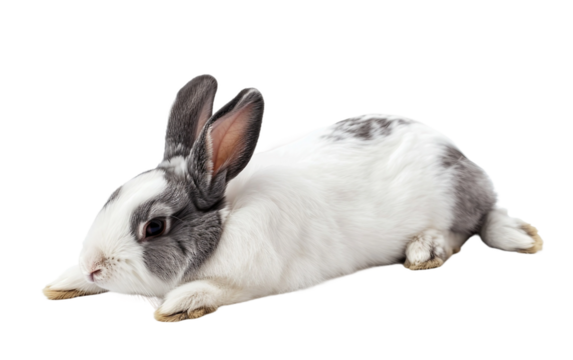 Fluid White and Gray Rabbit in a Stretching Motion Isolated on Transparent Background PNG.