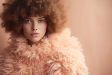 woman in soft pastel peach fuzz color fluffy sweater closeup portrait. Fashion and style trend. 