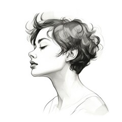 beautiful young girl female profile silhouette with short hair hairstyle black ink sketch drawing	