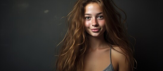 Naklejka premium A teenage girl with long hair is posing in a studio for a portrait, displaying a joyful expression. She gazes directly at the camera with confidence and elegance, showcasing her personality and style.