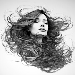 beautiful young girl female profile silhouette with long hair hairstyle black ink sketch drawing	