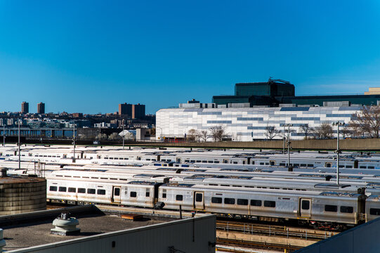Metro wagon depot with number of parked train coaches in daylight