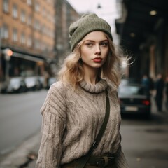 young beautiful woman in vintage knitted or crochet clothes walking the street in European town. Fashion and travel in style concept.