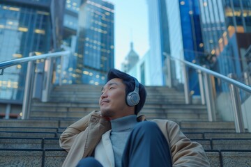 Fototapeta premium A smart businessman sits on stairs wearing headphones, engrossed in his music.