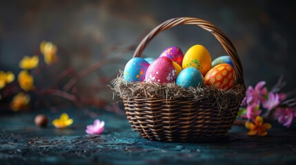 Fototapeta na wymiar Easter decoration colorful eggs on dark background with copy space. Beautiful colorful easter eggs in basket. Happy Easter. 