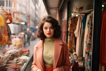 Fototapeta premium young woman in cyberpunk style vintage shopping in Berlin. Retro second hand store fashion retail.