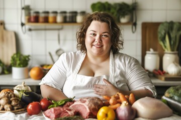 Obraz na płótnie Canvas A happy plus-size woman standing in a kitchen surrounded by a variety of fresh fruits and vegetables.