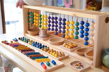 A young child happily playing with a wooden abacus, counting and moving beads.
