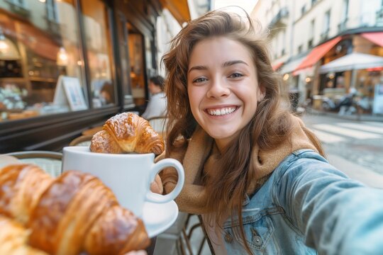 Young woman happily taking a selfie with a cup of coffee and croissants.