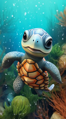 Fototapeta na wymiar Underwater Cartoon Sea Turtle Swimming Amongst Bubbles 