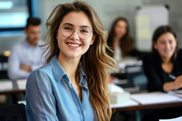 Obraz premium A woman with glasses sits confidently in front of a group of people, engaging in a positive and empowering discussion.