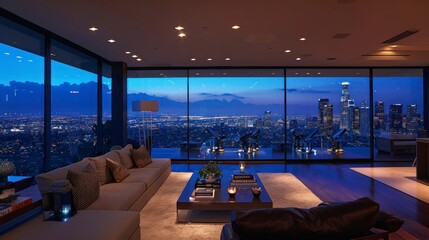 Obraz premium beautiful luxury apartment with views of the city at night in the United States in high resolution and quality