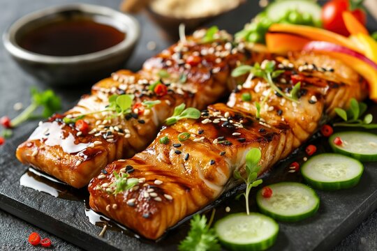 Close-up of a plate featuring grilled Saba fish in teriyaki sauce surrounded by various colorful vegetables.