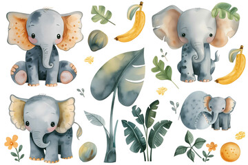 A soothing watercolor illustration showcasing a gentle elephant surrounded by tropical foliage,...