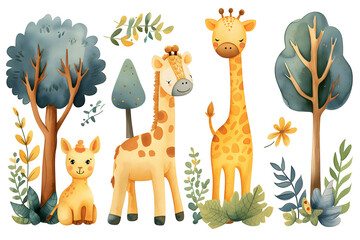 Watercolor giraffe. Delightful watercolor illustration featuring a pair of giraffes among trees and...