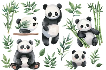 Foto auf Acrylglas Set of cute panda with bamboo, watercolor illustrations for printing on baby clothes, sticker, postcards, baby showers © sparrowhawk