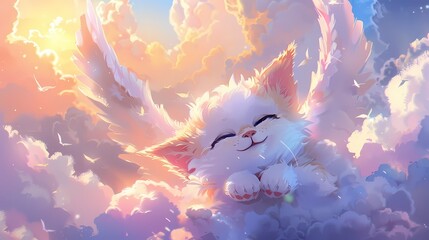 Nestled in a bed of fluffy clouds, the cute character dreams of soaring through the sky, its arms outstretched like wings as it imagines the wind in its fur. - obrazy, fototapety, plakaty
