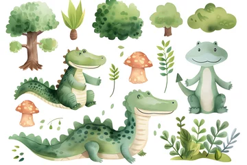 Schilderijen op glas Whimsical watercolor illustration featuring adorable cartoon crocodiles with a variety of green plants and trees, perfect for children's decor or educational material. © sparrowhawk