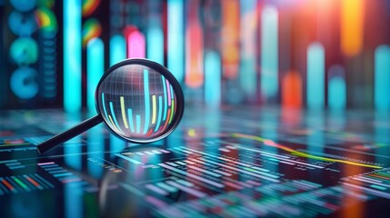 Magnifying glass over stock charts, graphs, and data visualizations, presented in the distinct framing and performance, accumulative process, stock market or cryptocurrency investing concept.