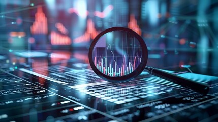 Magnifying glass over stock charts, graphs, and data visualizations, presented in the distinct framing and performance, accumulative process, stock market or cryptocurrency investing concept.