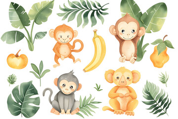 Watercolor illustration featuring cute monkeys in playful poses with tropical fruits and lush green foliage, perfect for nursery decoration or educational content. - obrazy, fototapety, plakaty